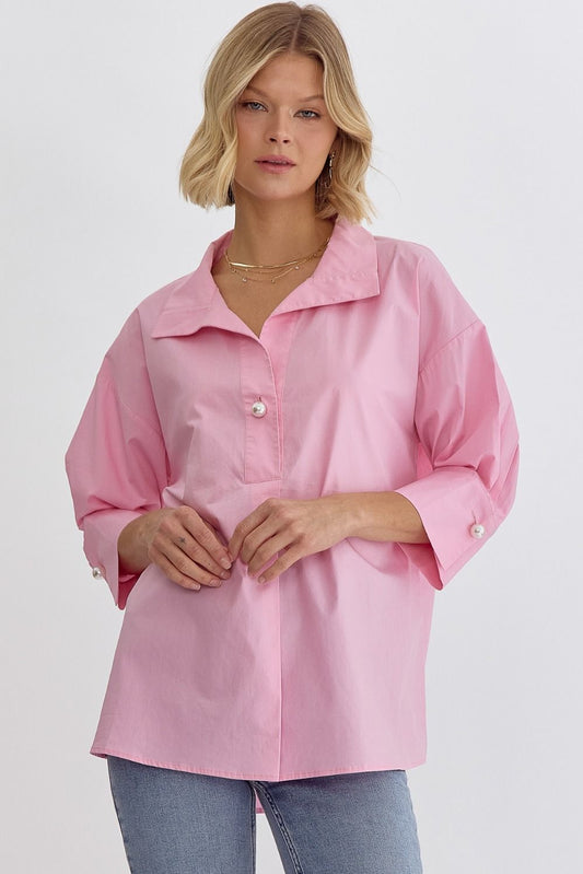 Baby Pink Solid collared 3/4 sleeve top featuring faux pearl button