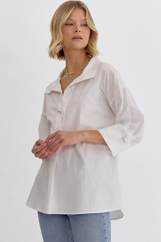 White Solid collared 3/4 sleeve top featuring faux pearl button