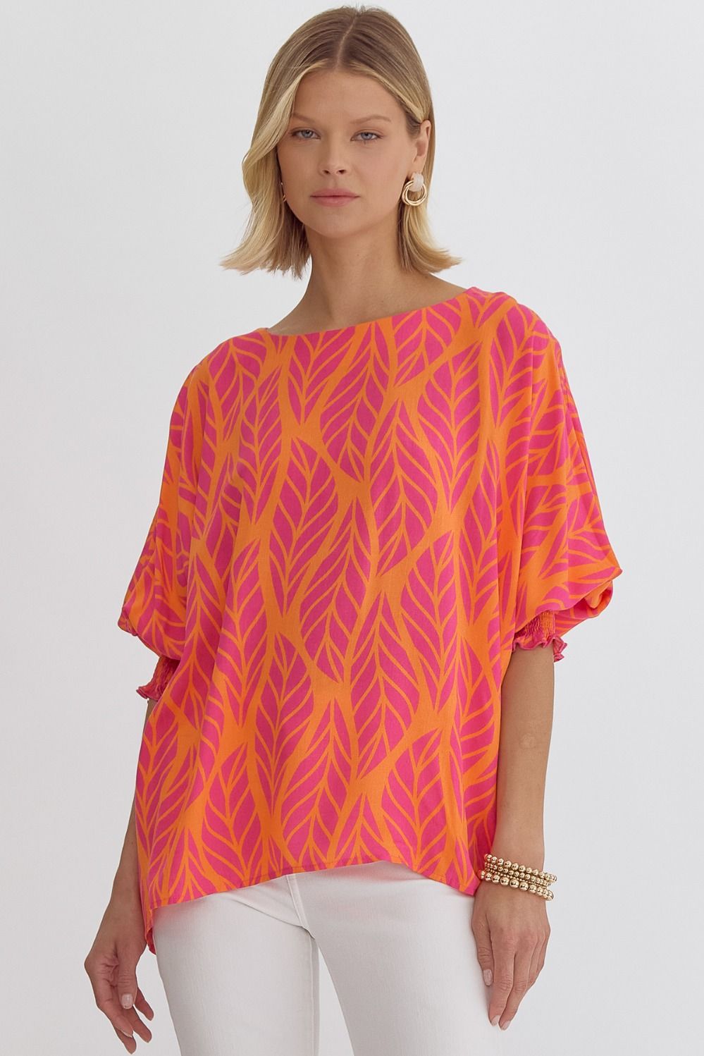 Pink Orange Leaf print round neck half sleeve top