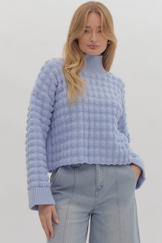 Light Blue Textured long sleeve turtleneck crop pullover