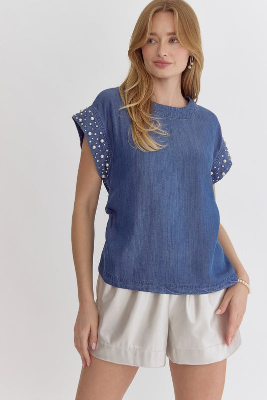 Dark Denim roud neck short sleeve top featuring pearl detail at cuff