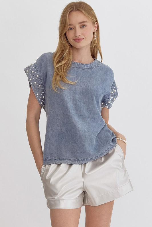 Light Denim roud neck short sleeve top featuring pearl detail at cuff