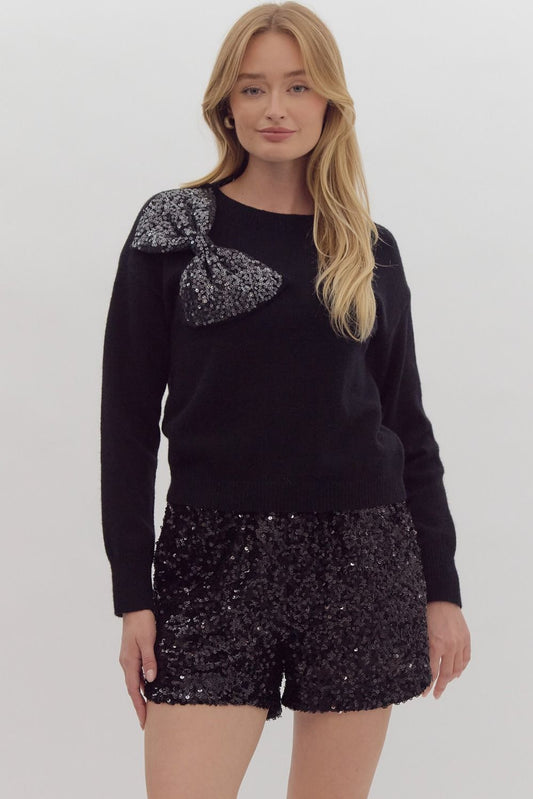 Bow Sequin Black Sweater