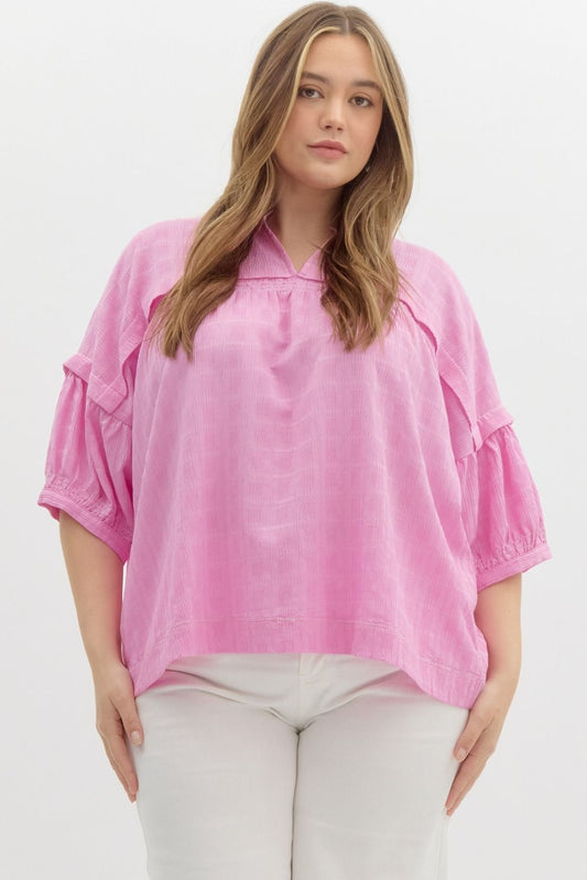 Light Pink Solid textured split v-neck under ruffled round neck pullover top