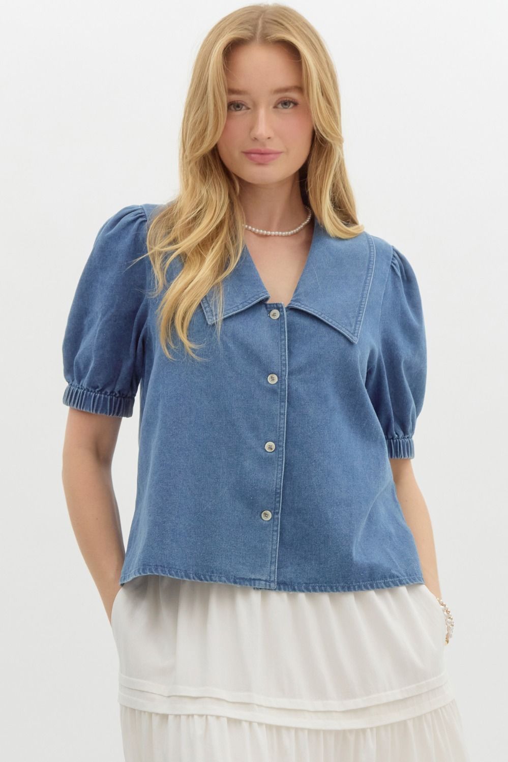 Denim short elasticated sleeve top