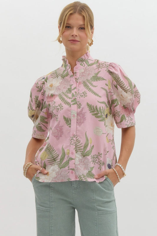 Pink Sage Floral print ruffled neck button top