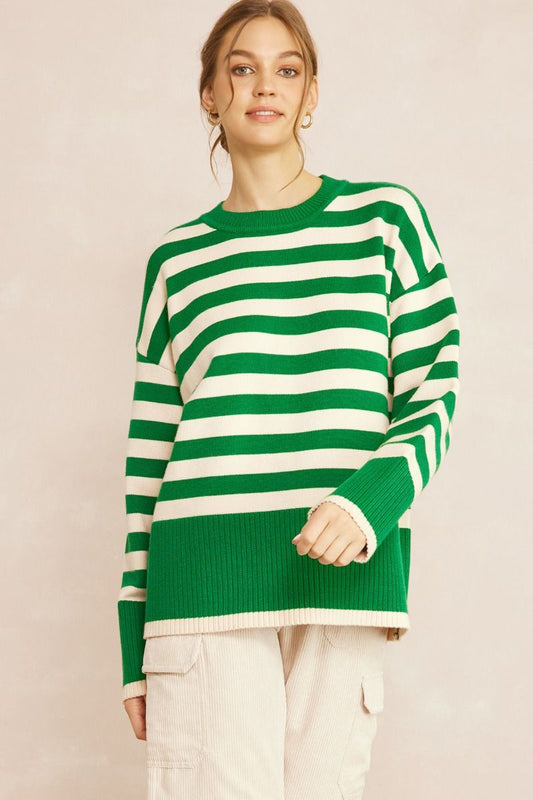 Green and cream oversized stripe print sweater