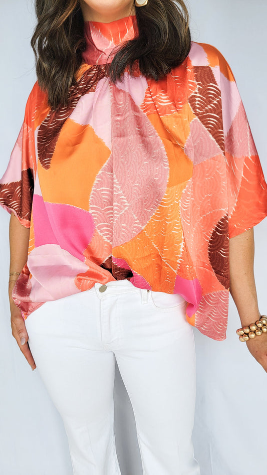 Orange and Pink High Neck Blouse