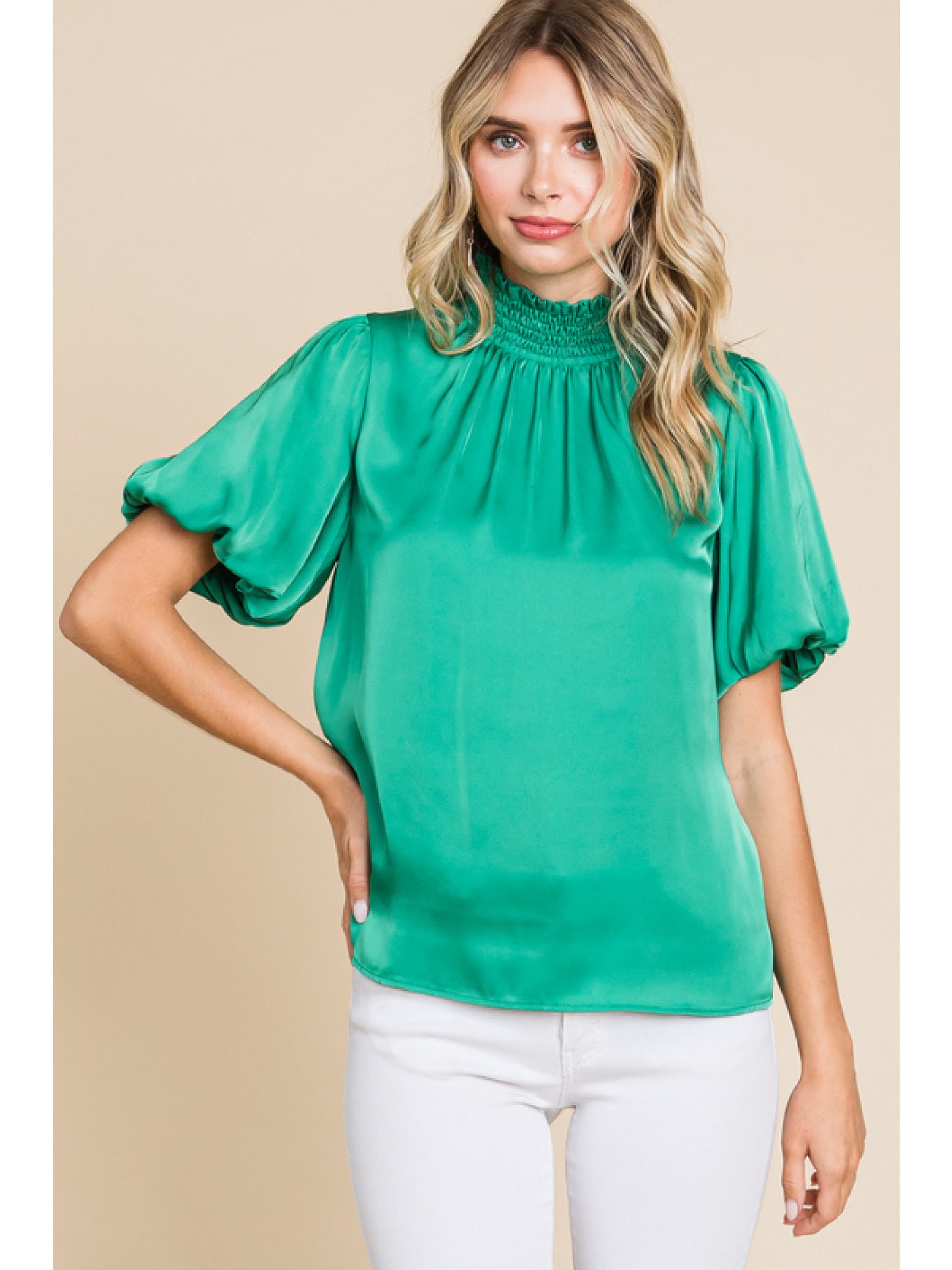 Green satin top with smocked neck