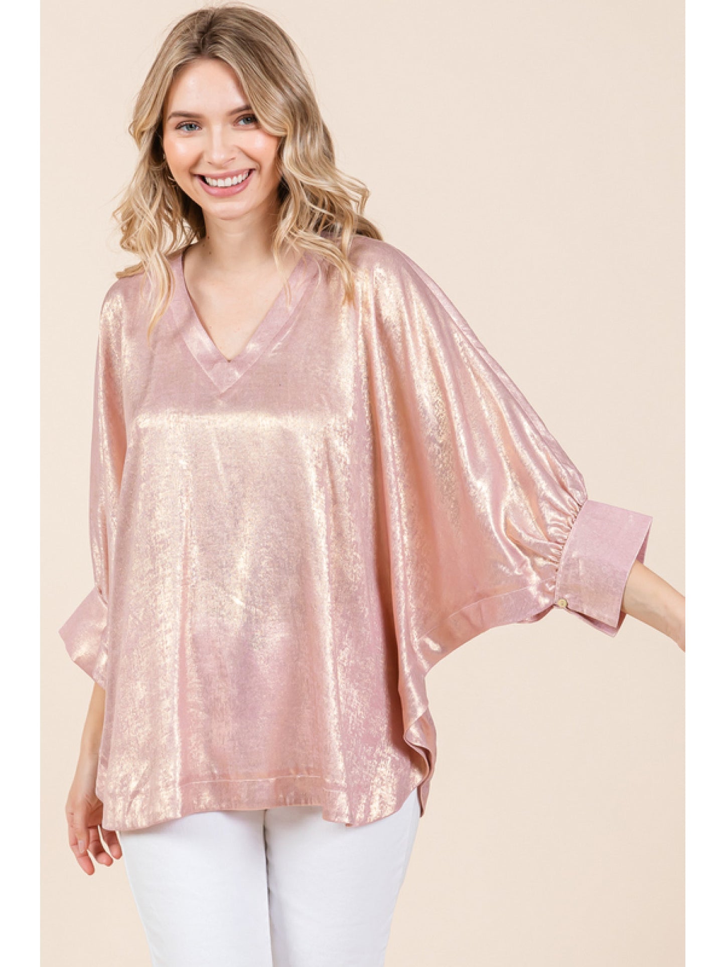 Pink metallic top with a V-neck dolman sleeves top