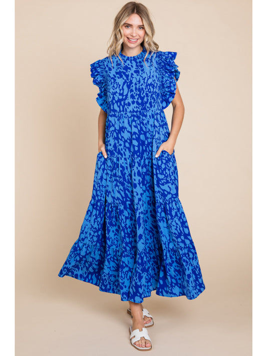Blue Leopard Print maxi dress with frilled neck