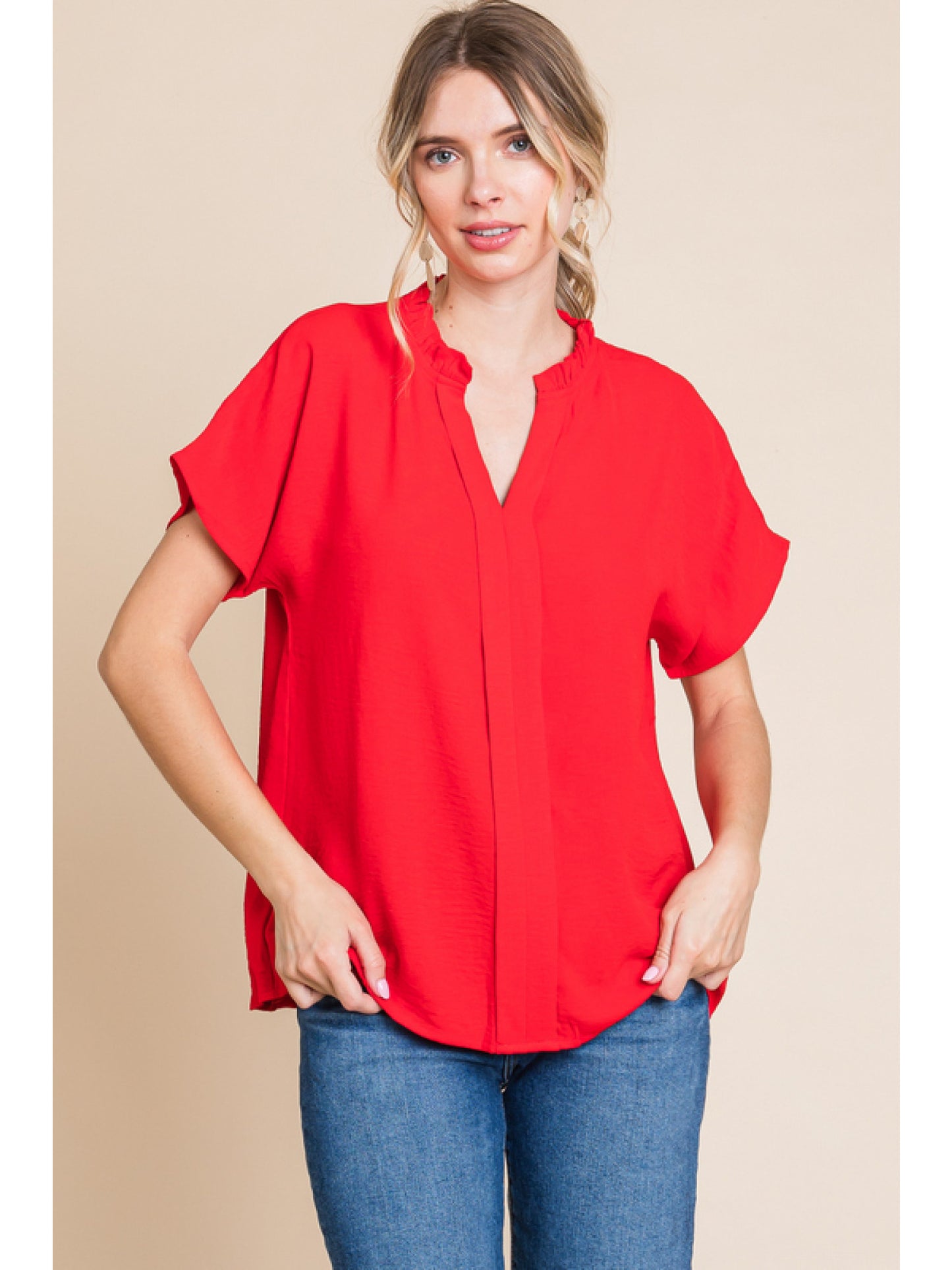 Tomato Red solid top with slit neck blouse