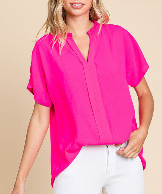 Hot Pink solid top with slit neck blouse