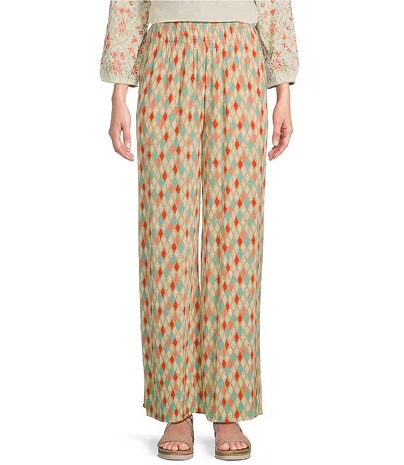 Woven Ikat Print Pull-On Wide-Leg Crepon Pants