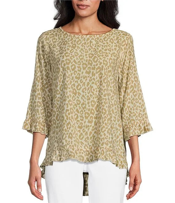 Crinkle Woven Leopard Print Scoop Neck 3/4 Sleeve Ruffled Fitted Top