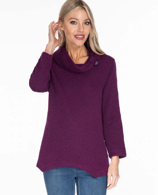 EGGPLANT COWL NECK WITH BUTTON SHARKBITE HEM