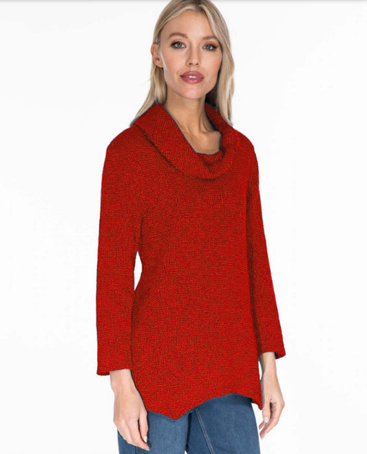 RUBY RED COWL NECK WITH BUTTON SHARKBITE HEM