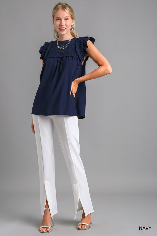 Navy Smocked Detail Top Ruffle Shoulder & Back Keyhole