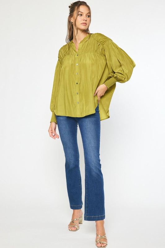 Olive solid v-neck button up long sleeve top