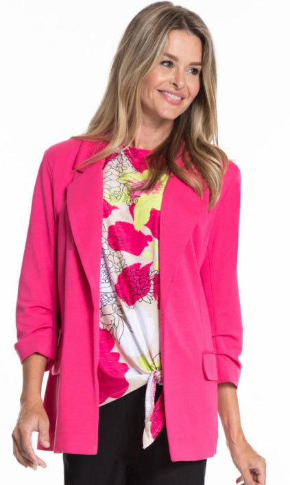 Raspberry Open Front Lined Rouched Sleeve Blazer