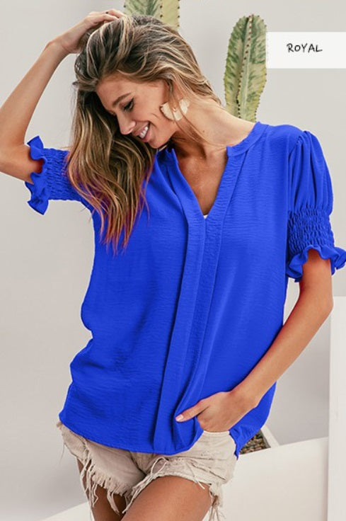 ROYAL BLUE WRINKLED SMOKING ON SLEEVES V NECK TOP