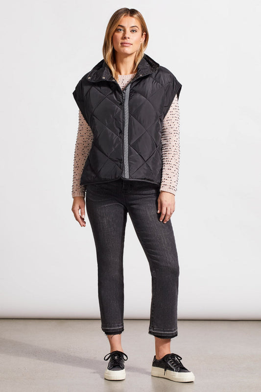 Black Packable Vest with Cross Grain Trim