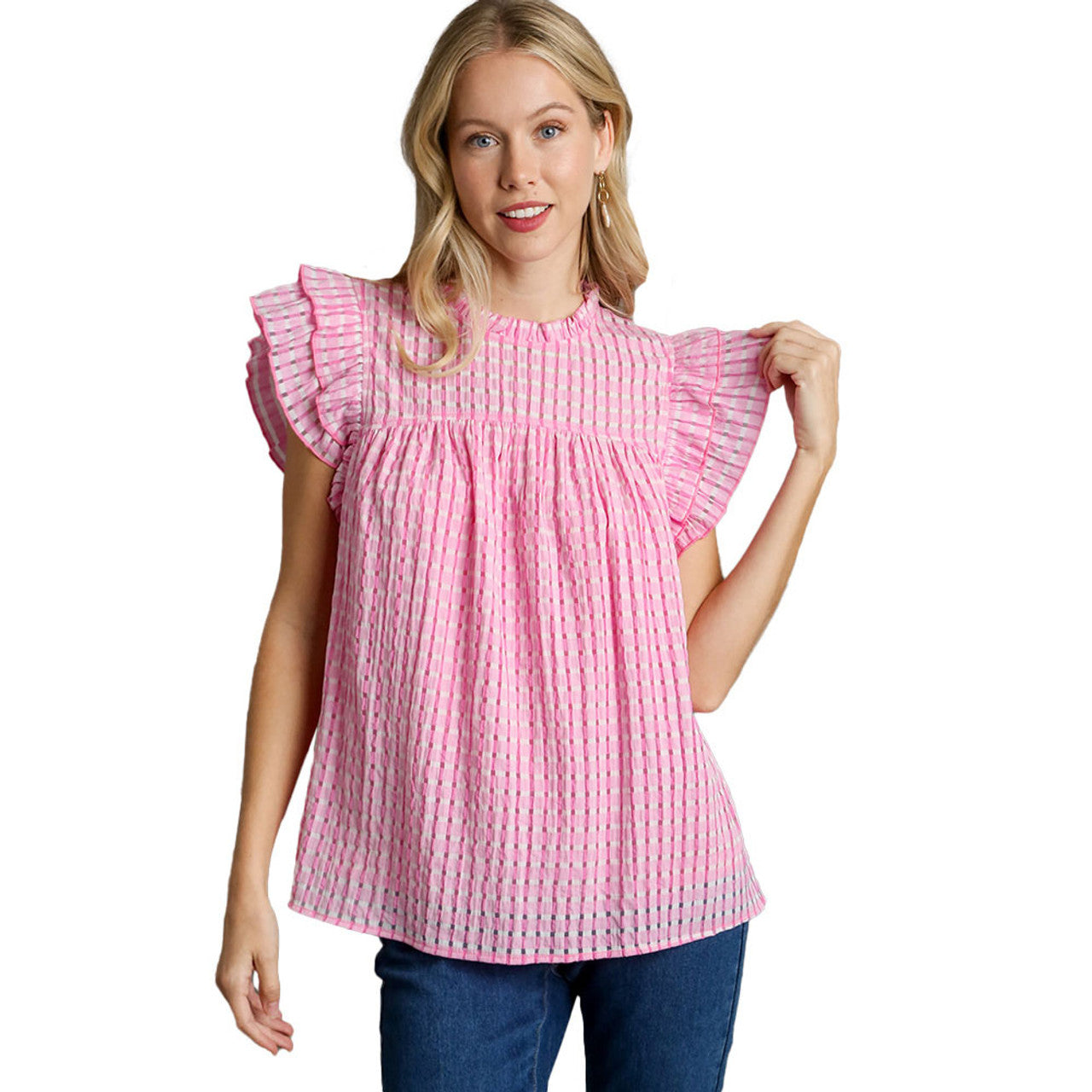 White Pink Seersucker Ruffle Neck Top