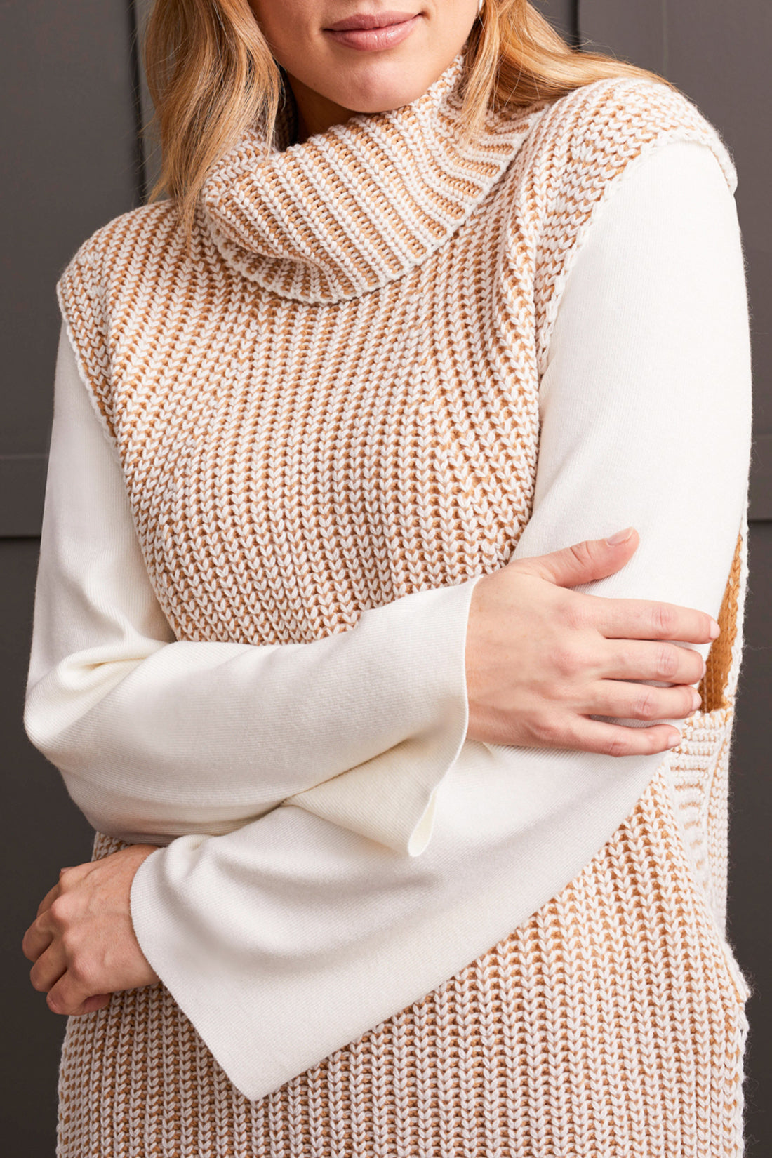 PLAITED COWL NECK SWEATER-TAN