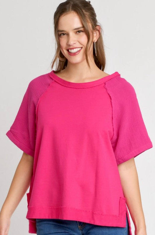 Hot pink french terry top with gauze sleeves