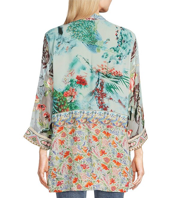 Embroidered Mixed Floral Print Open Front Kimono Jacket