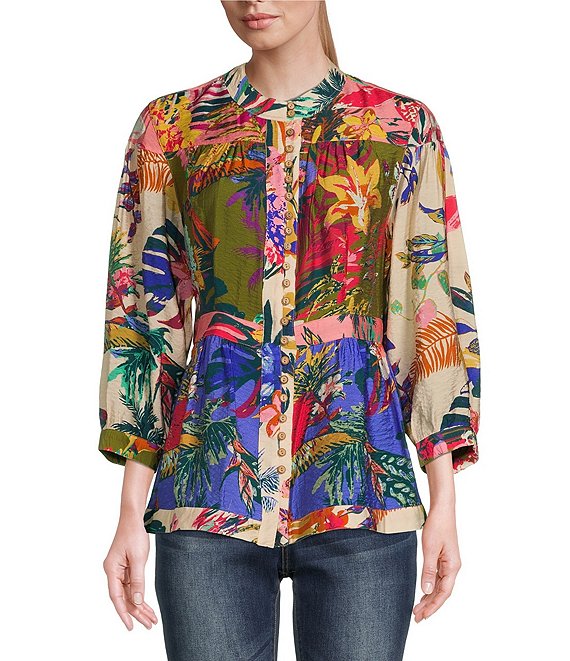 Woven Multi Floral Print Mandarin Collar 3/4 Blouson Sleeve Button Front Tunic