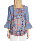 Embroidered Geometric Striped Print Y-Neck 3/4 Bell Cuff Sleeve Knit Tunic