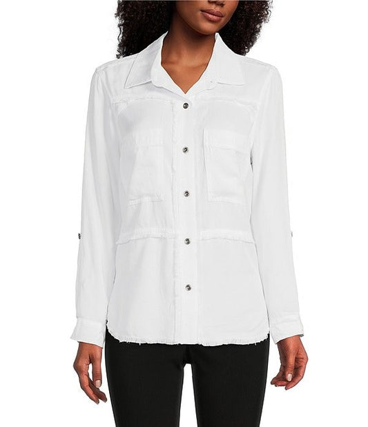 White Roll-Tab Sleeve Two-Pocket Fringed Button Front High-Low Shirt