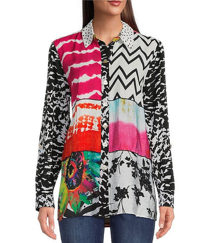 Patchwork Print Point Collar Roll-Tab Sleeve Tunic