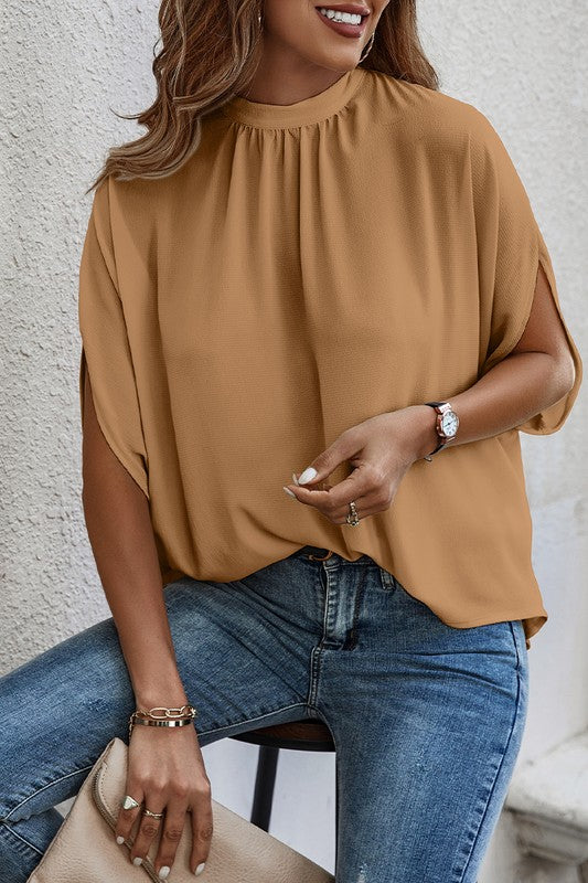 Tan Solid Cape Short Sleeve Loose Top