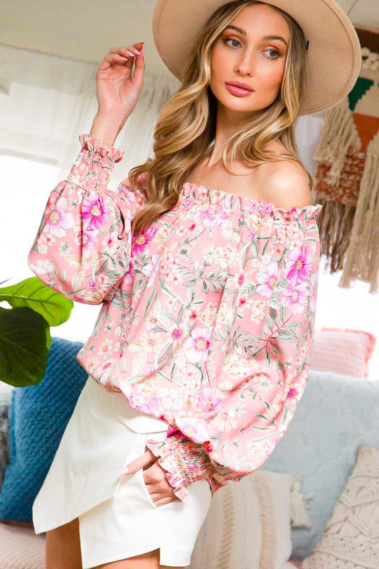 BLUSH OFF THE SHOULDER FLORAL PRINT WOVEN TOP
