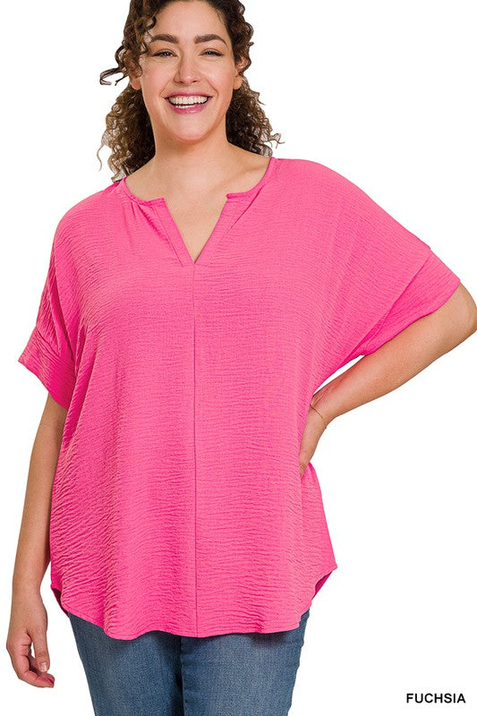 FUCSHIA SPLIT NECK SHORT SLEEVE TOP