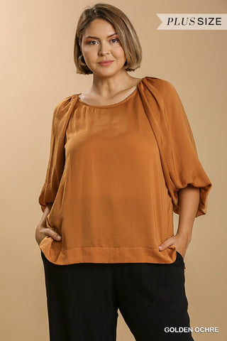 Golden Ochre Satin Half Balloon Sleeve Round Neck Top with Side Slits and High Low Hem