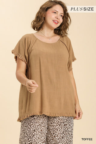 Coffee Linen Blend Short Sleeve Pintuck Round Neck High Low Top with Fringe Hems