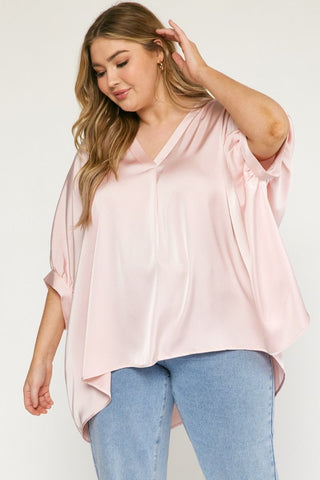 Light Pink Satin v-neck 1/2 sleeve top featuring front placket detail