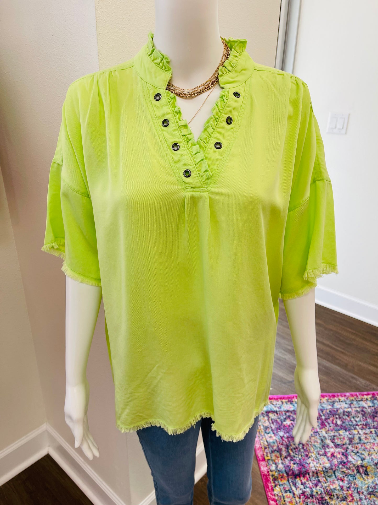 Green Grommet Trim Split Blouse