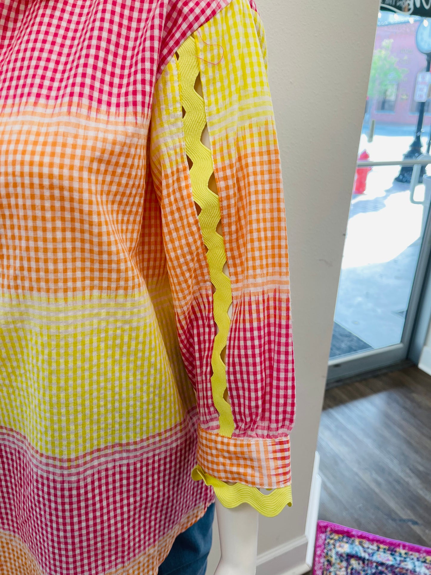 Rainbow Check Shirt with Ric-Rac Sleeve