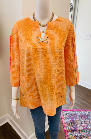 Orange Stripe Notch Neck Pullover