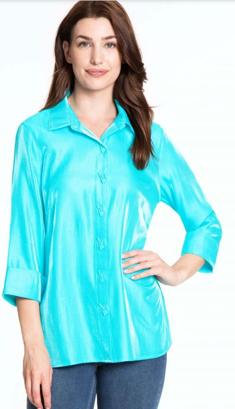 Turquoise Shimmer Woven Point Collar 3/4 Sleeve High-Low Button Front Shirt